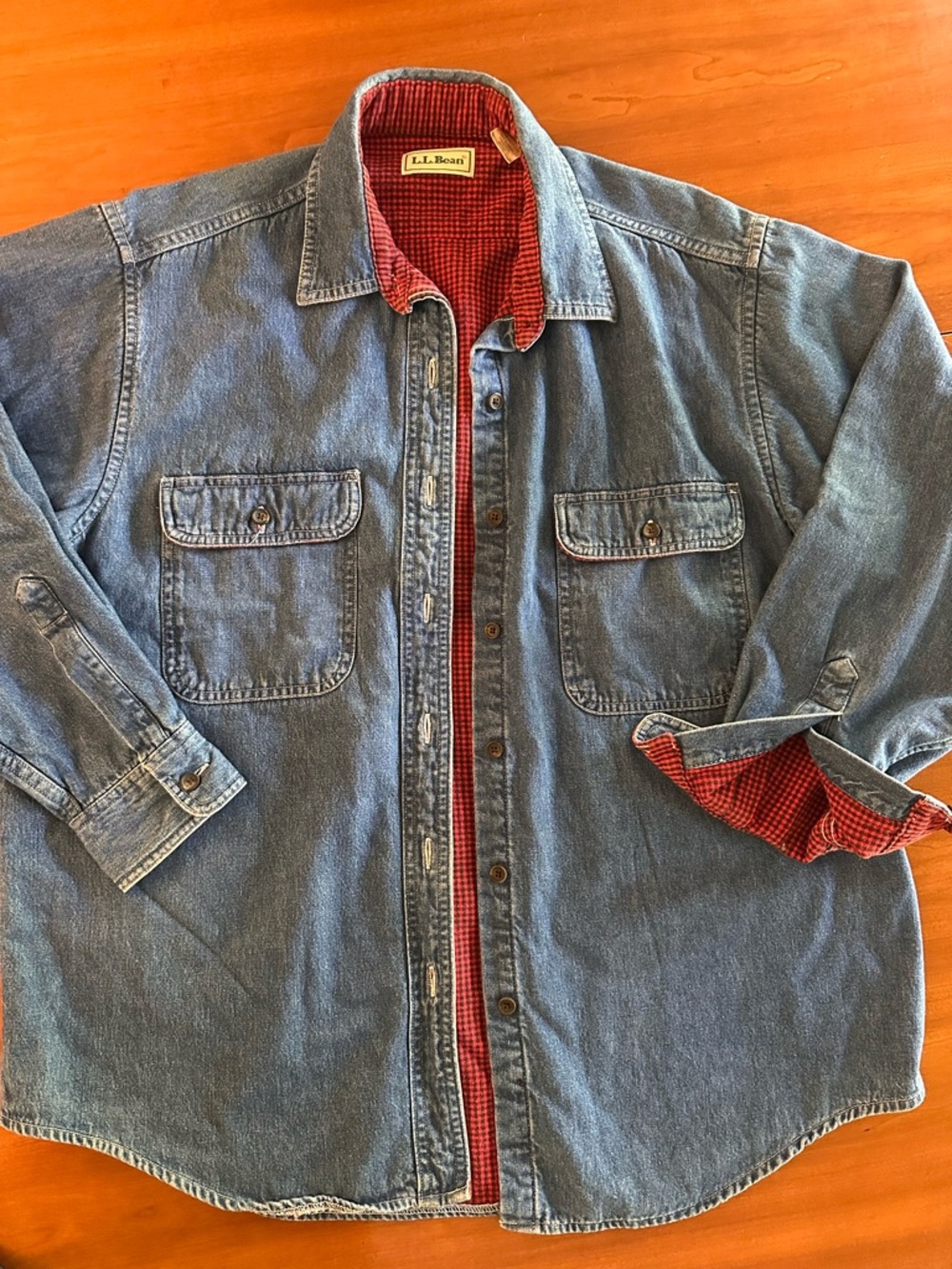 Vintage L.L. Bean Blue Denim Shirt Jacket with Red Check Flannel Lining Large - Picture 2 of 6
